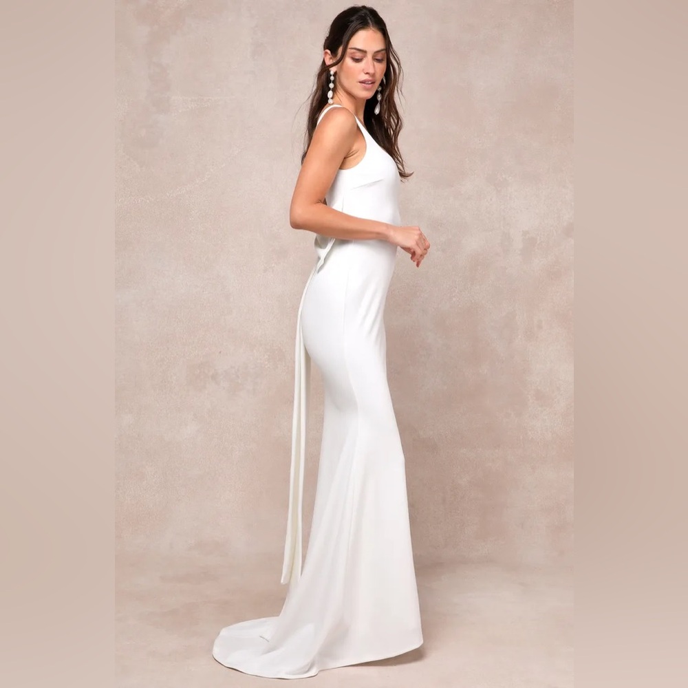 New Lulus Loving Fate White Bow Square Neck Backless Maxi Dress Size Medium - Picture 3 of 4